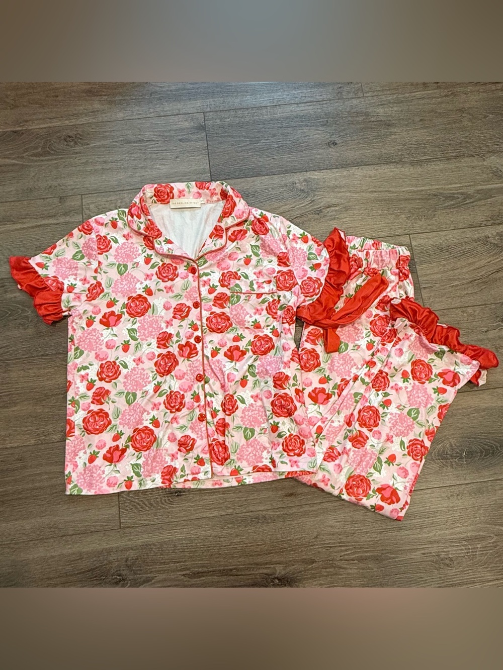 The Darling Effect Pink Floral Coquette Pajama Set with Red Ruffle Trim